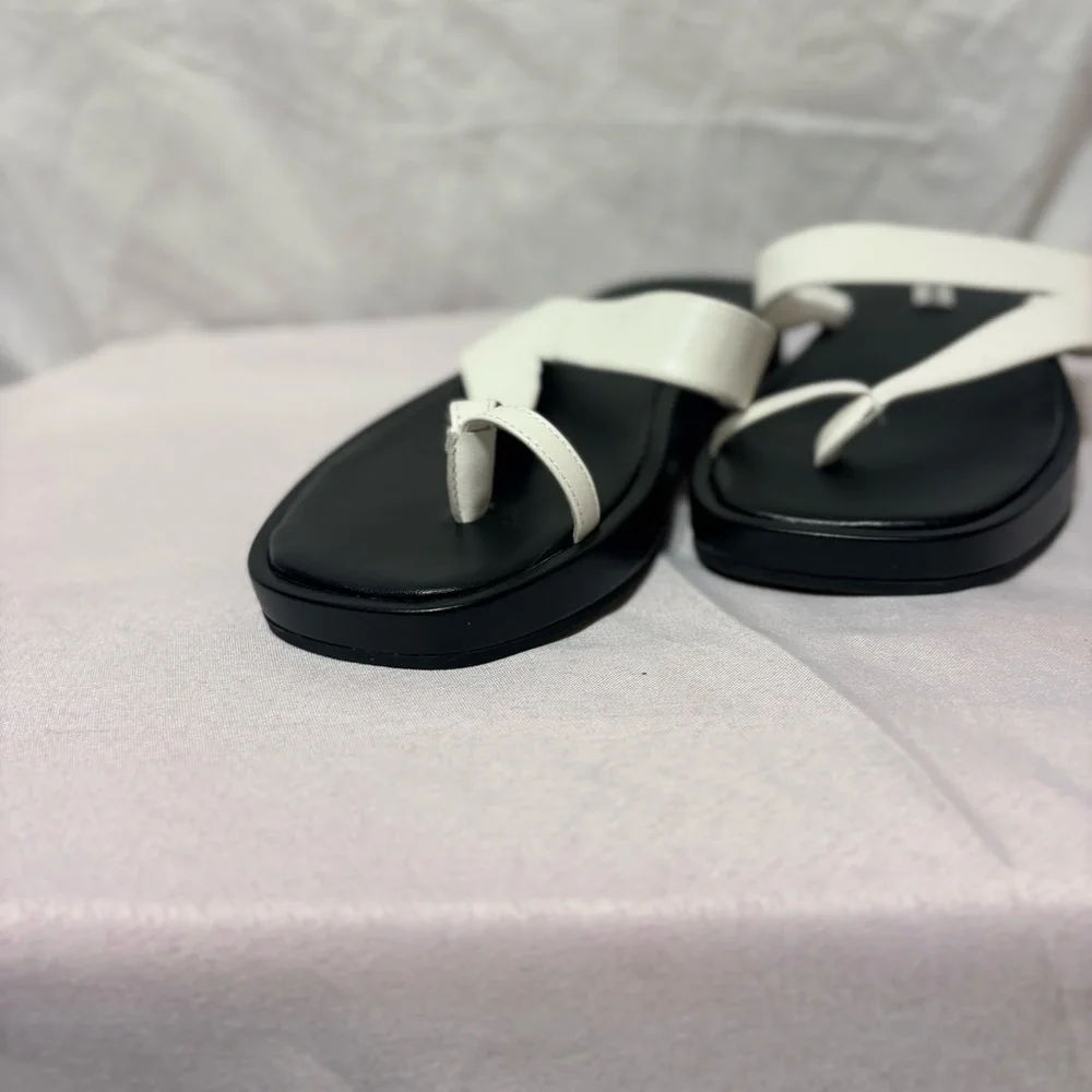 Saks Fifth Avenue round toe-strap platform leather sandals in black and white.